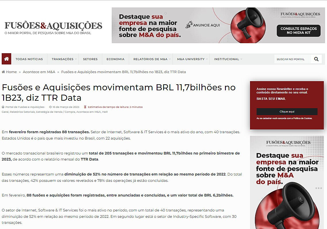 Fuses e Aquisies movimentam BRL 11,7bilhes no 1B23, diz TTR Data
